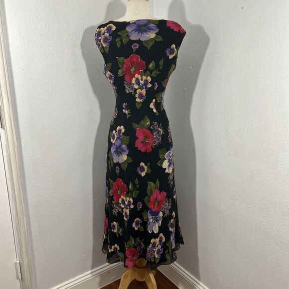 David Warren‎ Midi Dress Woman 8 Black Floral Silk Fairycore Romantic Whimsical - Picture 3 of 7